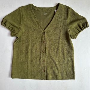 NWT Loft Green Textured Button Front Puff Short Sleeve Blouse